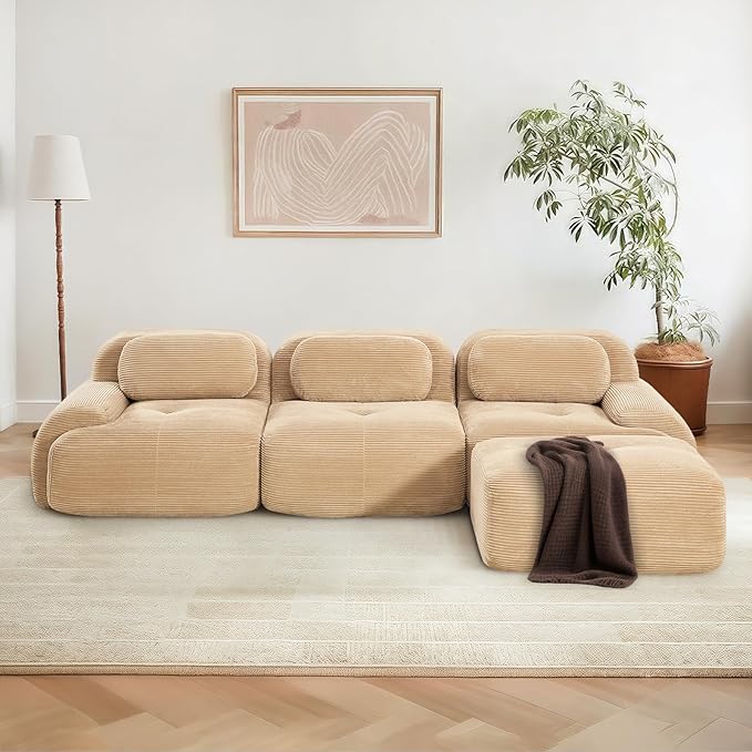 SoarFlash 117" Modern L-Shaped Modular Sectional Sofa for Living Room, Corduroy Upholstery Oversized 3-Seater Couch with Deep Seat and Movable Ottoman-No Assembly, Camel