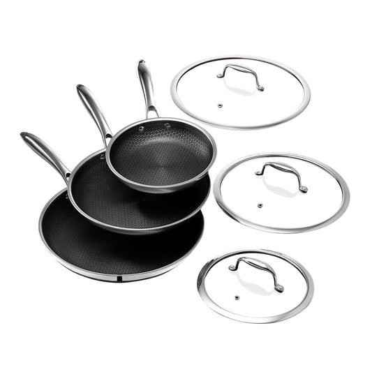 HexClad Hybrid Nonstick 6-Piece Frying Pan Set, 8, 10 and 12-Inch Frying Pans with Tempered Glass Lids, Stay-Cool Handles, Dishwasher and Oven Safe, Induction Ready, Compatible with All Cooktops
