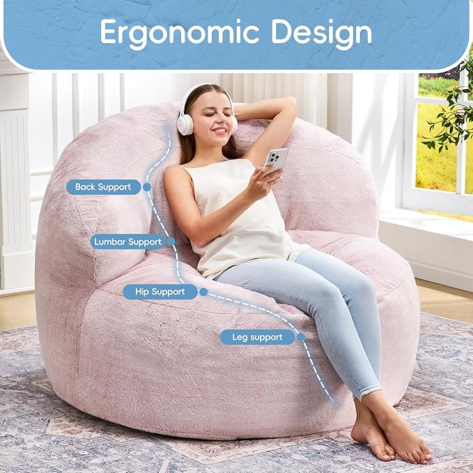 Hobestluk Bean Bag Chair Giant Bean Bag Chairs for Adults Big Bean Bag Chair with Memory Foam Filler Adults Large Beanbag with Faux Fur Cover for Bedroom (Plush Pink,Oversize)