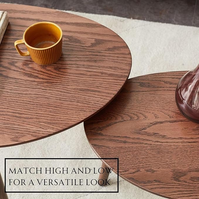 Wayshome 100% Solid Oak Wood Nesting Coffee Table,Mid Century Modern Oval Coffee Tables Set, Round Tables for Living Room, Pebble Side Table for Balcony (Walnut, Combine)
