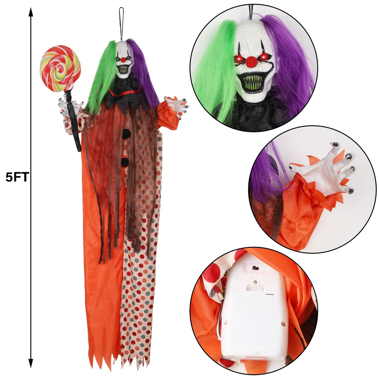 Prsildan Halloween Hanging Clown Decorations Outdoor Scary Animated Clown Halloween Props with Creepy Sound, Motion Activated, Red Light Up Eyes for Indoor Outside Yard Holiday Décor