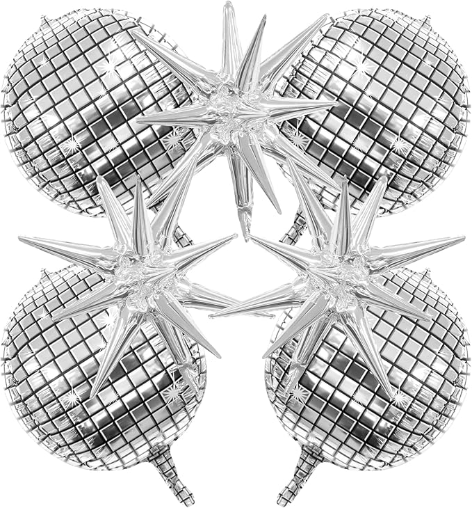 7PCS Silver 4D Foil Disco Balloons with Star Balloons for 70s Disco, Graduation, Birthday & Bridal Shower Decorations - 22...