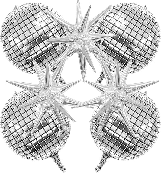 7PCS Silver 4D Foil Disco Balloons with Star Balloons for 70s Disco, Graduation, Birthday & Bridal Shower Decorations - 22...