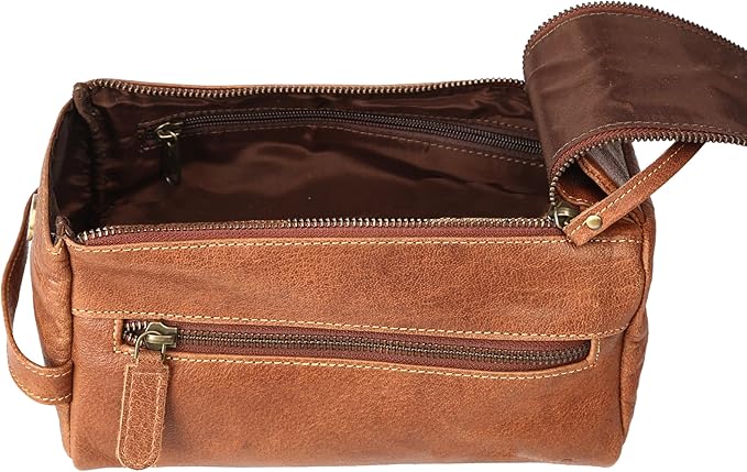 KomalC Premium Buffalo Leather Toiletry Bag for Men & Women – Leather Dopp Kit With Water resistant Lining, Premium Toiletry Travel Pouch, Unisex Wash Bag for Toiletries, Gifts for Men and Women
