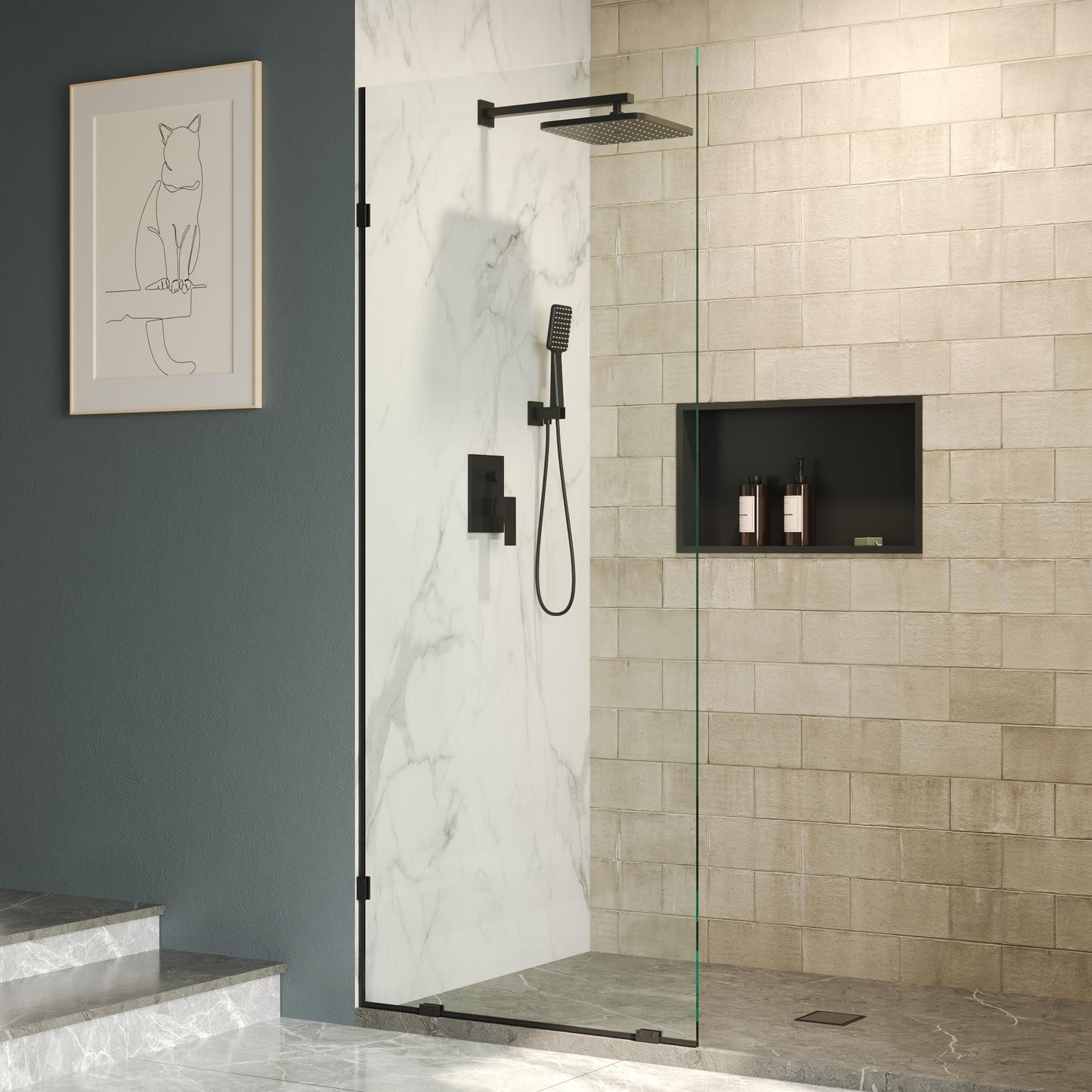DeerValley 32"×78" Fixed Glass Shower Panel, 3/8'' (10mm) Thick Shower Glass Panel, Frameless Tempered Glass Door, Bathroom Shower Screen with Hardware (Matte Black)