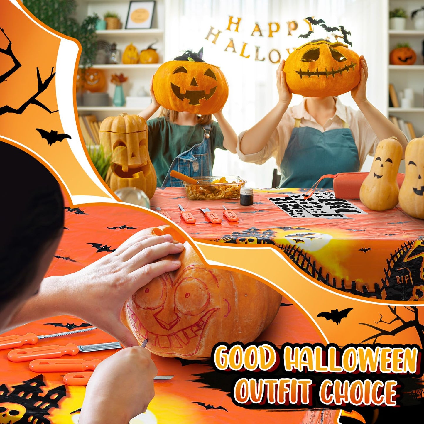 Tioncy 52 Pcs 6 Set Halloween Pumpkin Carving Kit Heavy Duty Stainless Steel Pumpkin Carving Tools with Storage Bag Tablecloth Stickers Tea Lights for Family Party Halloween Decor
