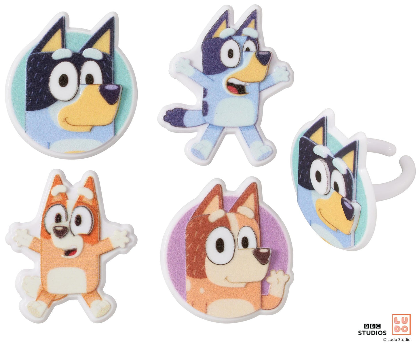DecoPac Bluey So Much Fun Rings, 24 Cupcake Decorations Featuring Bluey, Bingo, Bandit, and Chilli, 3D Food Safe Cake Toppers – 24 Pack