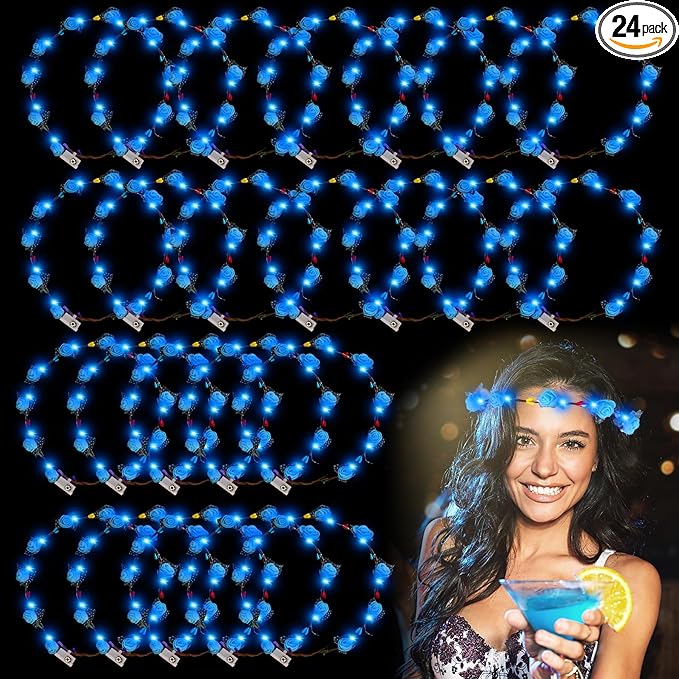 YOFOBU 24PCS LED Flower Crown,Blue Light Up Flower Headband for Women,Glow in The Dark Flower Wreath Crowns for Halloween,...