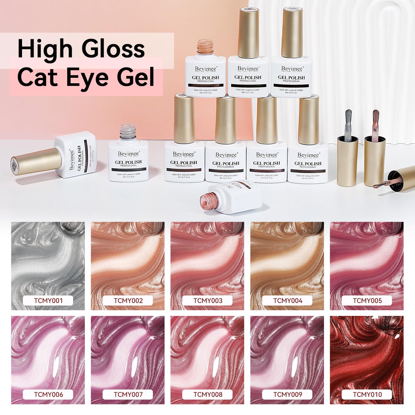 Bevimee Cateye Gel Polish Set With Magnet, Pink Purple Red 10 Colors Jelly Magnetic Nail Polish Moonlight, Holographic Glass Shi