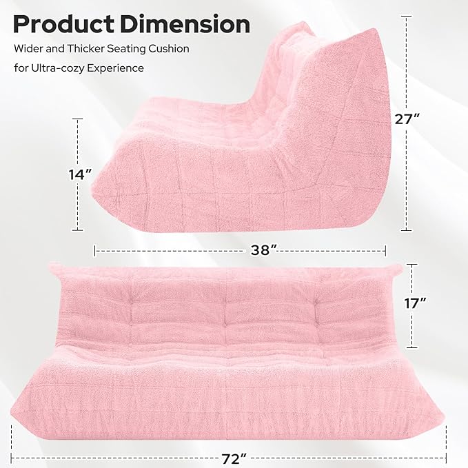 HABUTWAY Bean Bag Chairs Fireside Lazy Floor Sofa, Soft Teddy Fleece 3 Seater Sofa with High-Resilience Foam Filling，Beanbag for Living Room, Bedroom, Office (Pink Teddy)