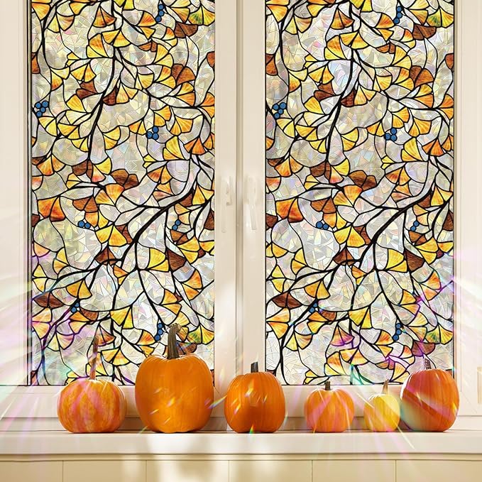 Fall Stained Glass Rainbow Window Privacy Film Autumn Leaf Window Cling, Stained Ginkgo Leaves, 118.11" x 16.93"