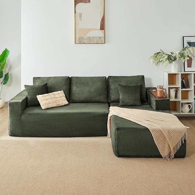 Modular Sectional Sofa Cloud Couch with Multi-Functional Armrests, Boneless Plush L-Shape Living Room Couch with Deep Seat, Fluffy Comfy Sleeper Sofa Easy Assembly (Green, Left Chaise)