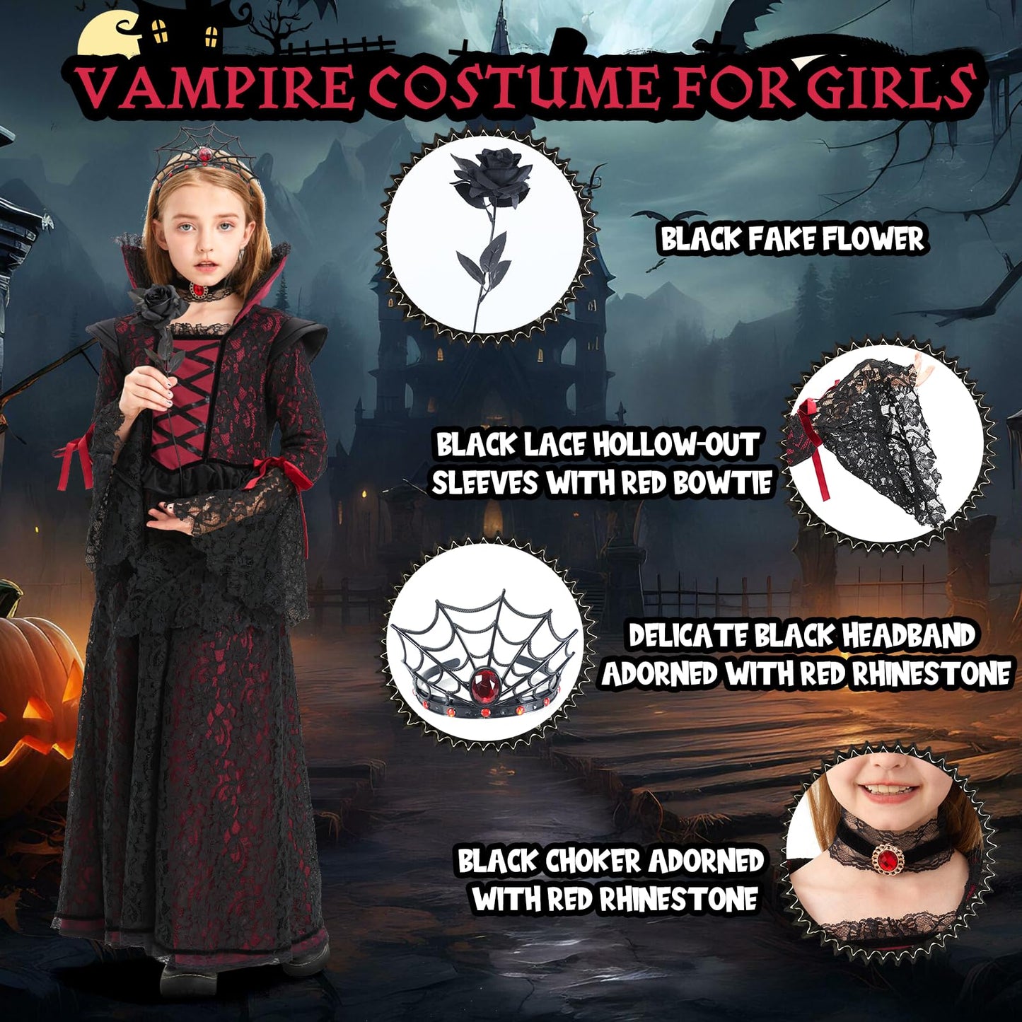 LETIME Vampire Costume for Girls Halloween kids Royal Vampire Dress Elegant Gothic Outfit for Trick-or-Treat & Parties