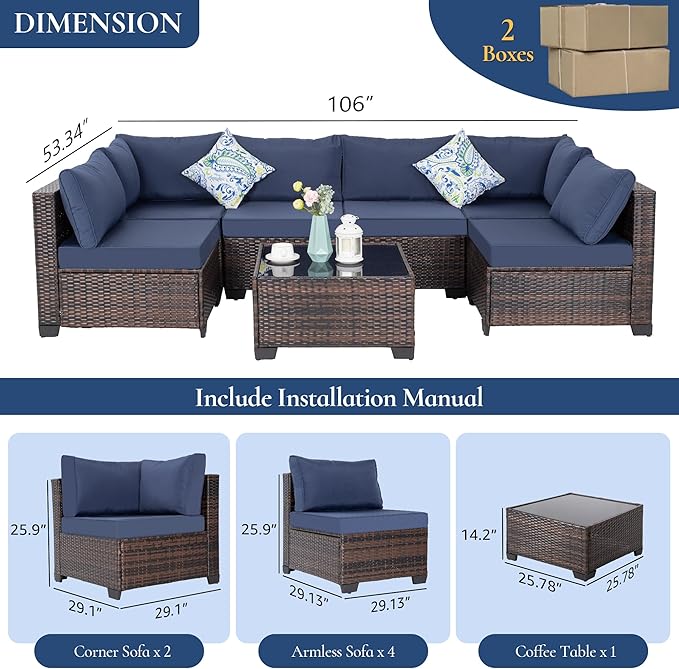 FHFO 7 Pieces Outdoor Patio Furniture Set, Wicker Sectional Sofa Set Rattan Modular Patio Conversation Sets with Cushions Couch Set & Coffee Table for Outside, Garden, Balcony, Porch, Brown-Blue
