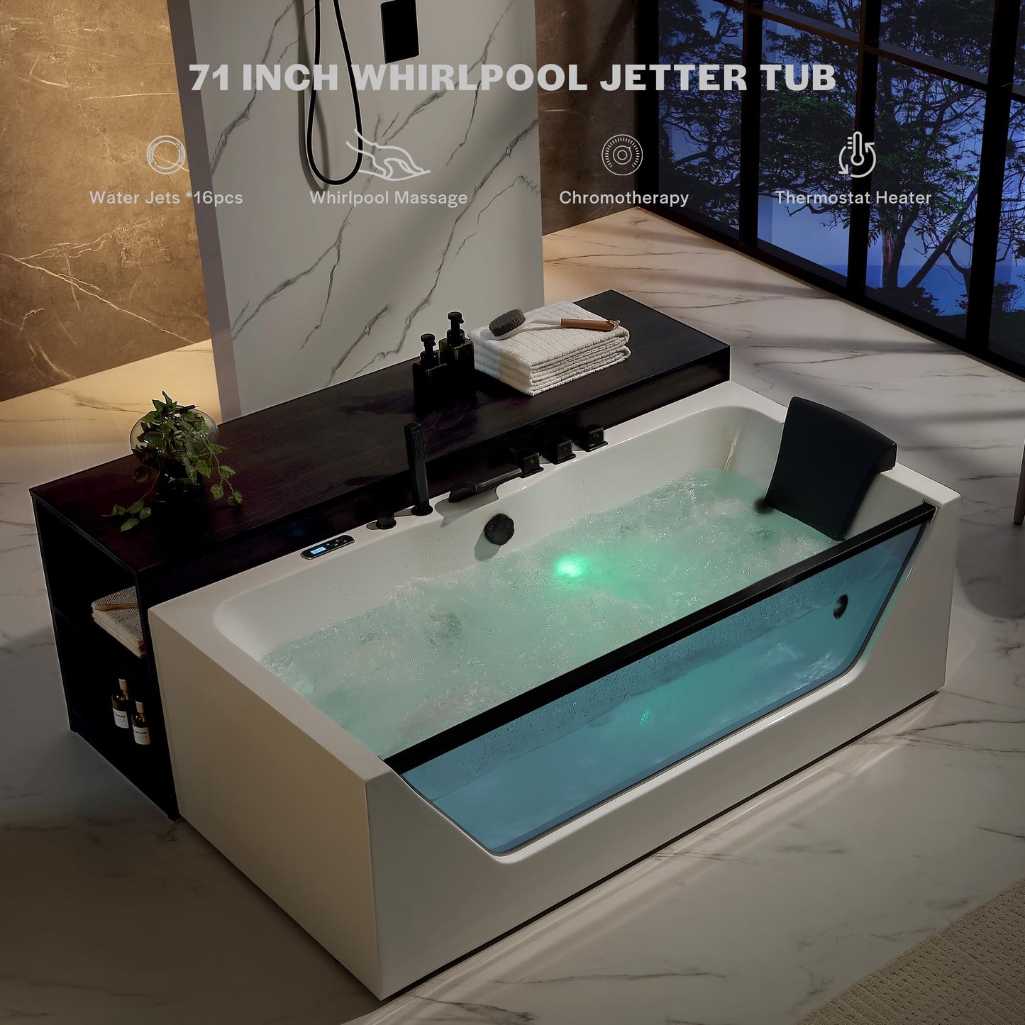 Empava Acrylic Whirlpool Bathtub, 71-Inch Jetted Bathtub with Heater, 10 Jets Hydromassage with Chromatherapy, 3-Side Apron with LED Control Panel, Waterfall, Black Hardware and Nozzles