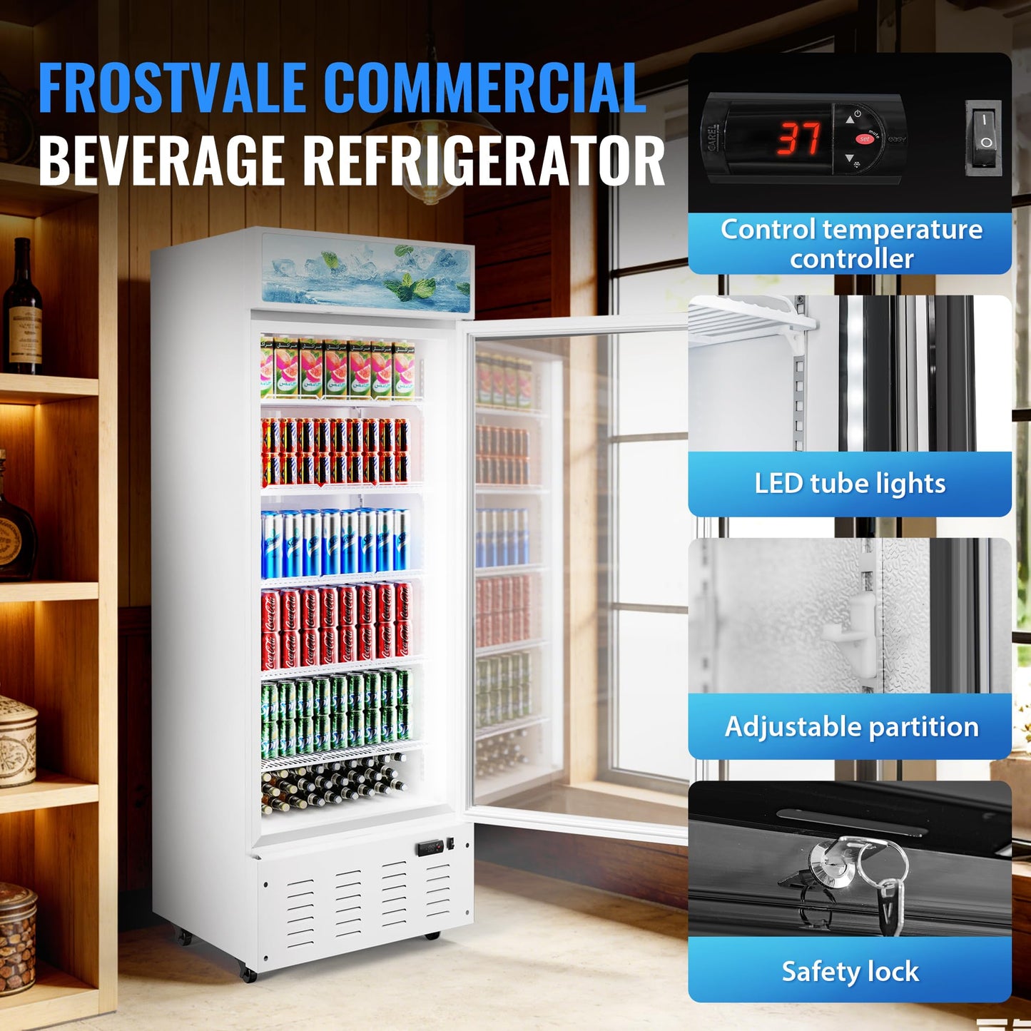 Frostvale 15 Cu.Ft Commercial Display Refrigerator, White Single Glass Door Beverage Cooler with Lighted Header, ETL Upright Merchandiser Fridge for Drinks, Soda, Beer, Cafe, Store, Bar