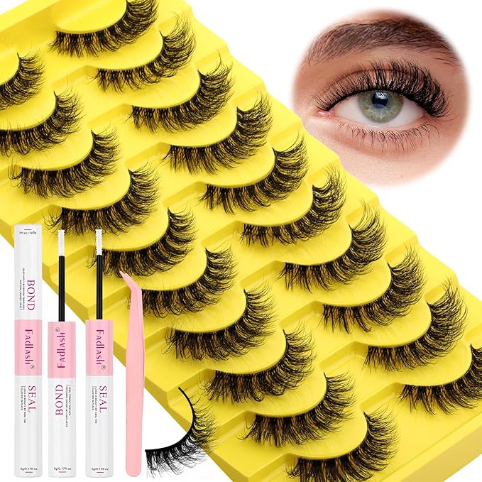 FADLASH False Eyelashes Kit 10 Pairs Cat Eye Lashes Mink Lashes Wispy with Lash Bond and Seal and Tweezer Fake Eyelashes Natural Look Handmade Eyelashes Fake Lashes Strips (LZ-201 Kit)