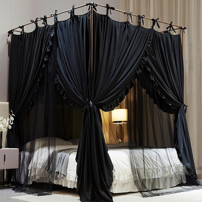AIOOO 4 Corners Post Princess Curtain Bed Canopy Double Layer Cozy Mosquito Net Mesh and Cloth for Girls Adults Bedroom De...