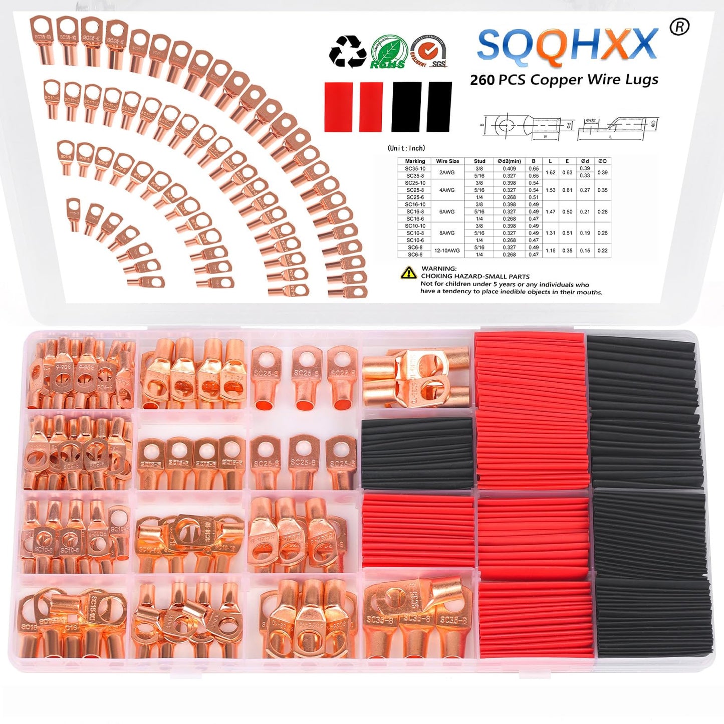 260Pcs Copper Wire Lugs, Battery Cable Ends AWG 2 4 6 8 10 12 Gauge Wire Connectors with Heat Shrink Set, Ring Terminals Connectors Battery Cable Lugs Battery Lugs with 140Pcs Heat Shrink Tubing Kit