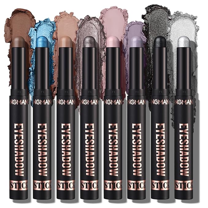 LANGMANNI 8 PCS Pro Kit Eyeshadow Stick Gift Makeup Set,Matte Earth Color+Bright Metal Color Multifunctional Contour Stick,Waterproof & Long-Lasting Eyeshadow (#C)