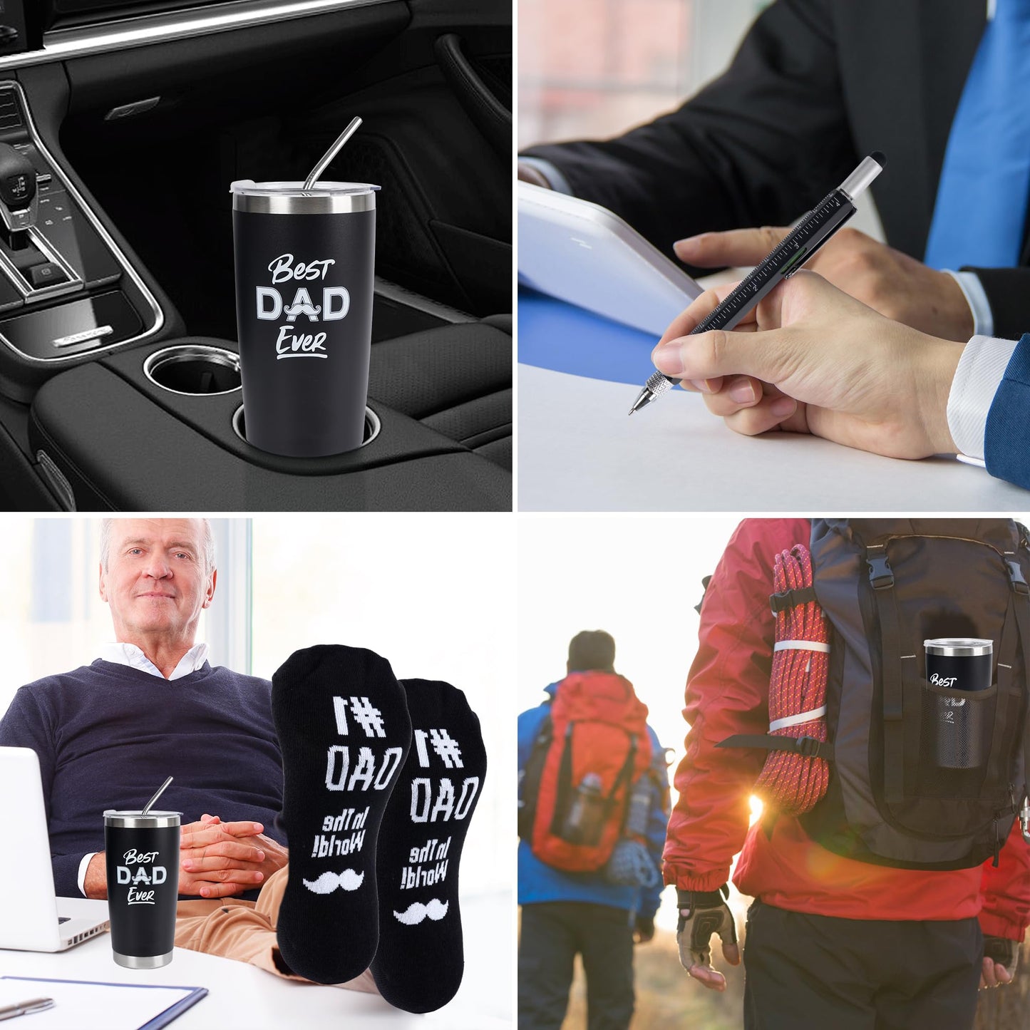 Kolewo4ever 9 Pieces Dad Gift Set Best Dad Gifts for Father, Men with Tumbler Mens Socks Mens Baseball Cap Key Chain Card for Men Father Papa Gifts from Son Daughter Kids