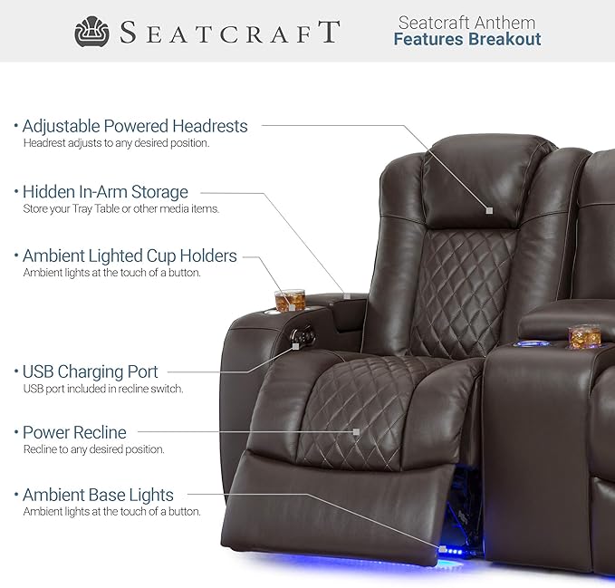 Seatcraft Anthem Home Theater Seating - Italian Leather - Power Recline Loveseat - Center Storage Console - Powered Headrests - Arm Storage - USB Charging - Cup Holders, Brown