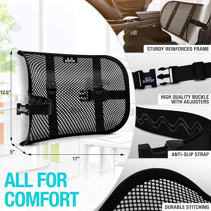 Bod Support Seat Cushions for Office Chairs with Lumbar Support, Desk Chairs, and Car Seats - Adjustable Straps and Non-Slip Ergonomic Design for Tailbone and Lower Back Pain Relief for All Day Use