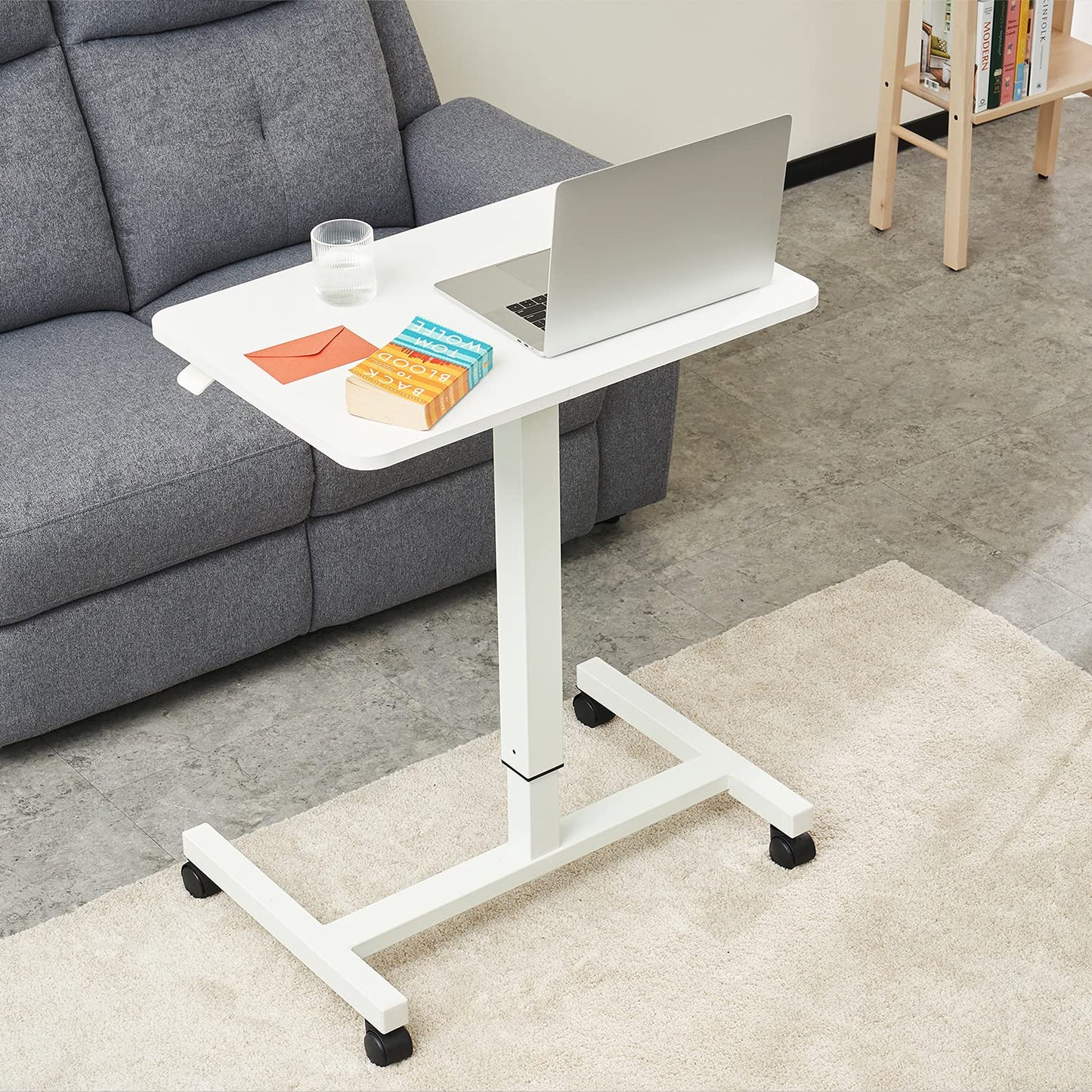 CLATINA Round Edge Design Elegant Mobile Laptop Desk Pneumatic Sit to Stand Table, Height Adjustable Rolling Cart with Lockable Wheels for Home Office Computer Workstation, 28" x 19" White