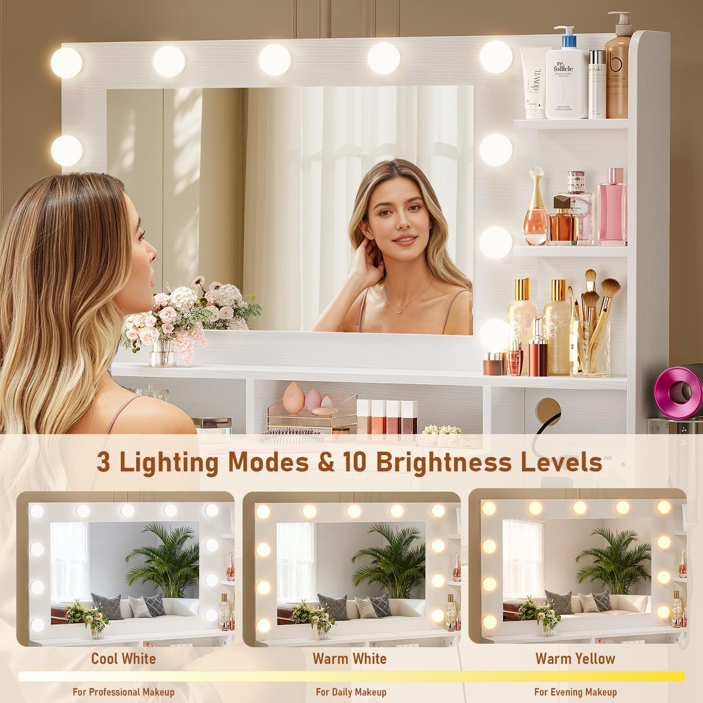Driftalia Vanity Desk with Mirror and Lights, Makeup Vanity with Storage Drawer, Power Outlet and Large Cabinet for Bedroom - White
