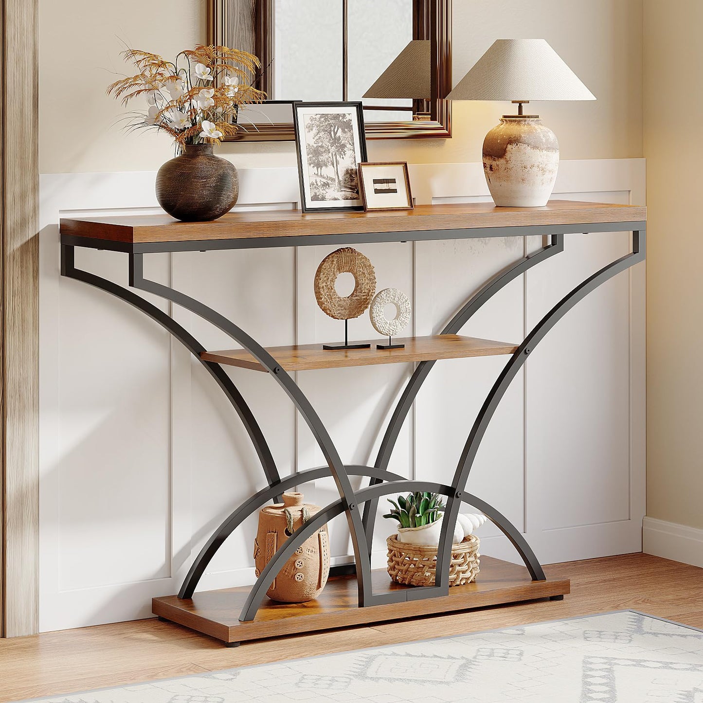 Espelism 47.2" Console Table for Entryway, 3-Tier Narrow Sofa Table with Curved Frame, Industrial Rustic Wood Accent Table with Storage Shelves for Hallway, Living Room, Foyer (Brown, 47.2")