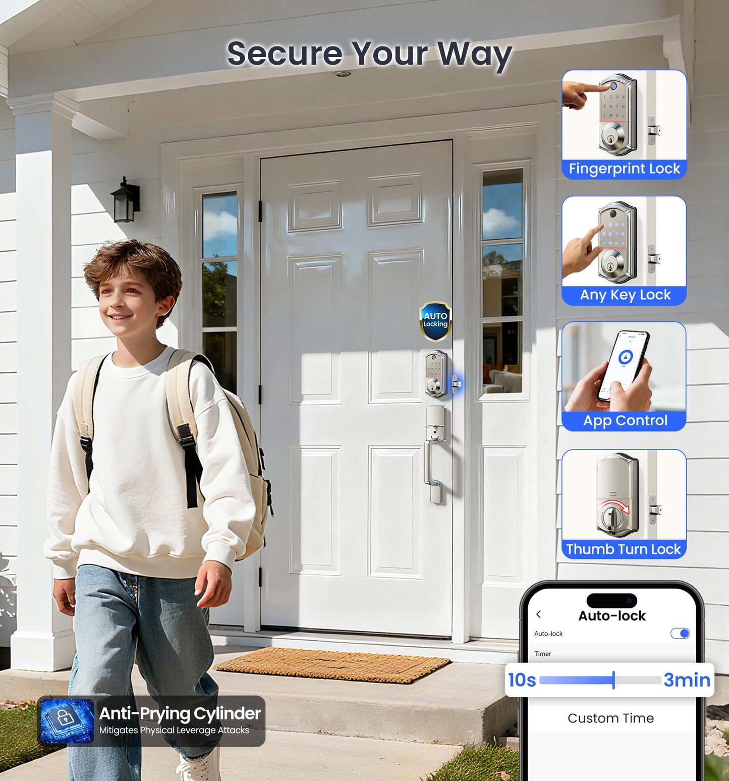 Veise VE017-D Smart Fingerprint Front Door Lock Set, App Control, 8-in-1 Keyless Entry Deadbolt with Lever Handle, Touchscreen Keypad, IP55 Weatherproof, Auto Lock, Easy Install, Satin Nickel