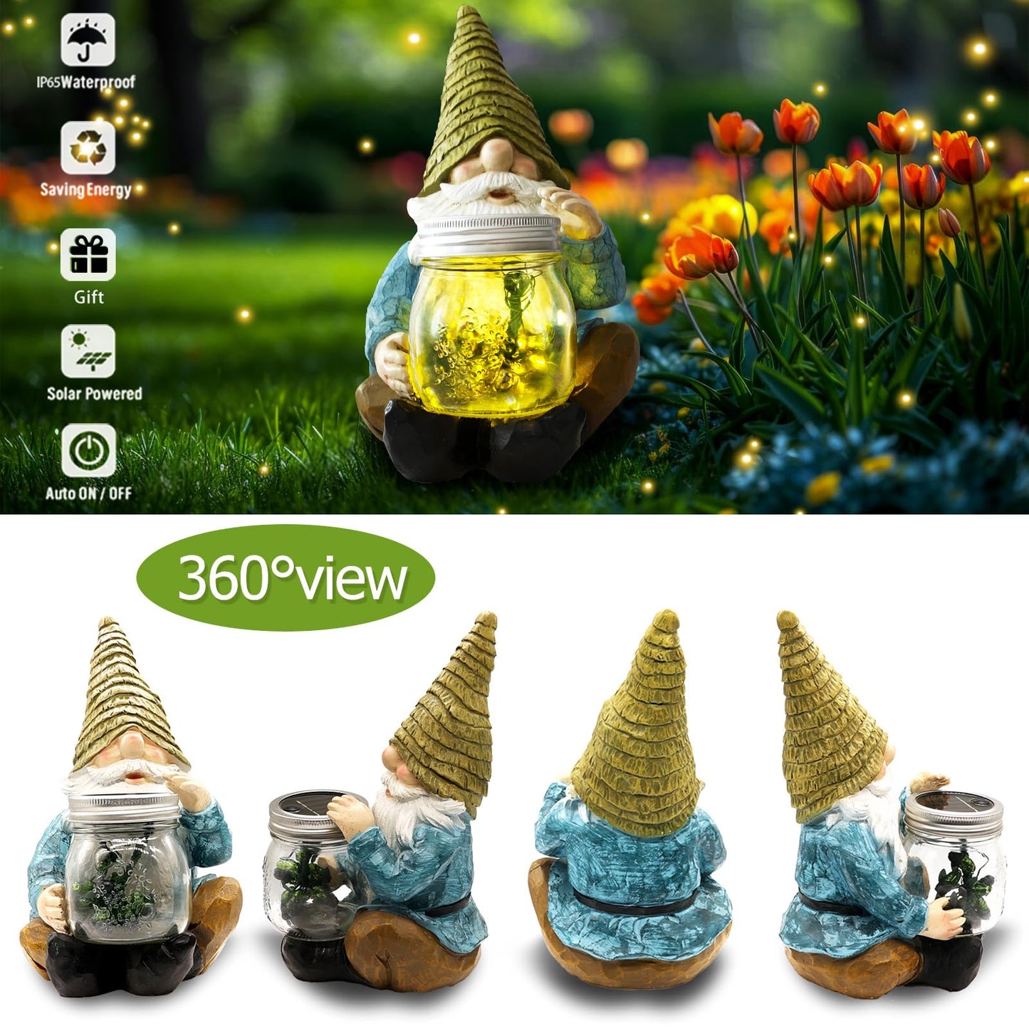 Vcdsoy Solar Firefly Jar Gnome Waterproof- Large Garden Gnome Funny Solar Outdoor LED Lights Resin Statues 10.6" Lantern Figurines Decorations Birthday Gifts for Mom Women - Unique Housewarming Gifts