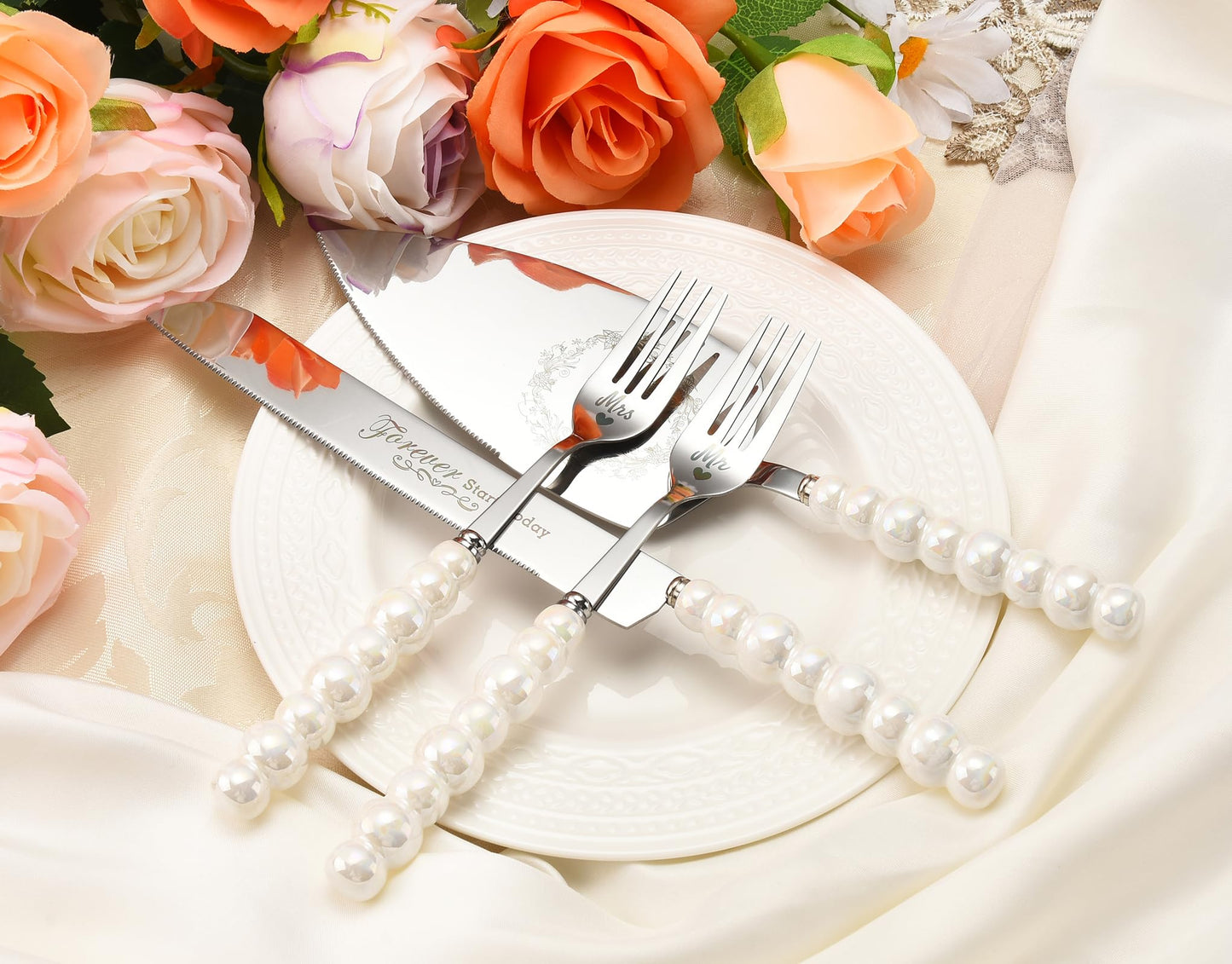 BEKESIN Wedding Cake Knife and Server Set,Ceramic Pearl Handle Cake Cutting Set for Weddings, Engagements, Anniversaries, and Engagement Gifts for Couples