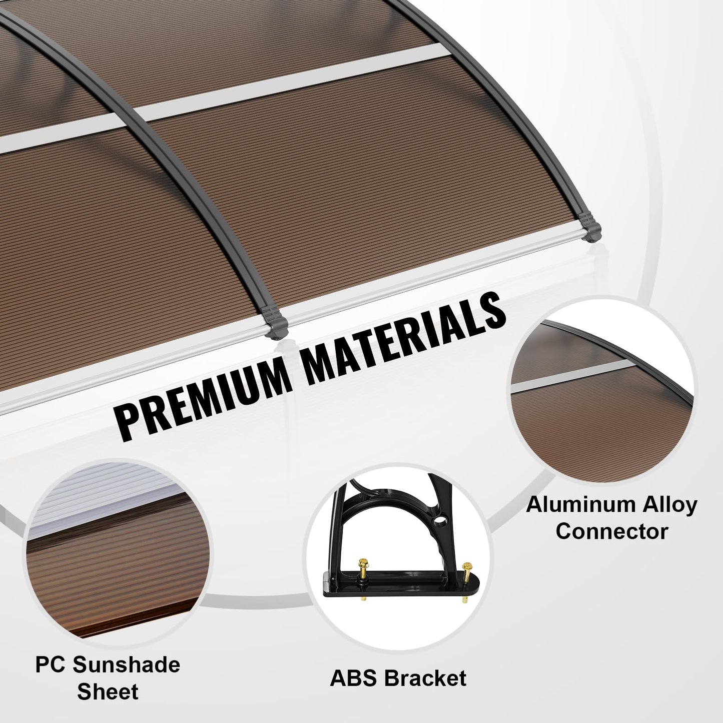 VEVOR 40" x 40" UPF 50+ Polycarbonate Window Door Awning Canopy, Modern Style, Brown Board & Black Bracket, Front Door Overhang Awning