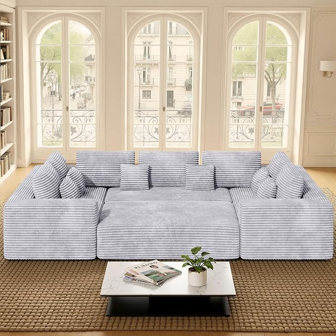 136'' Large Sectional Cloud Couches with Chaise, U Shaped Boneless Sofa Bed with Ottoman, No Assembly Required Deep Seat Modular Lounge for Living Room 4PCS Set, Bedroom(Light Grey)