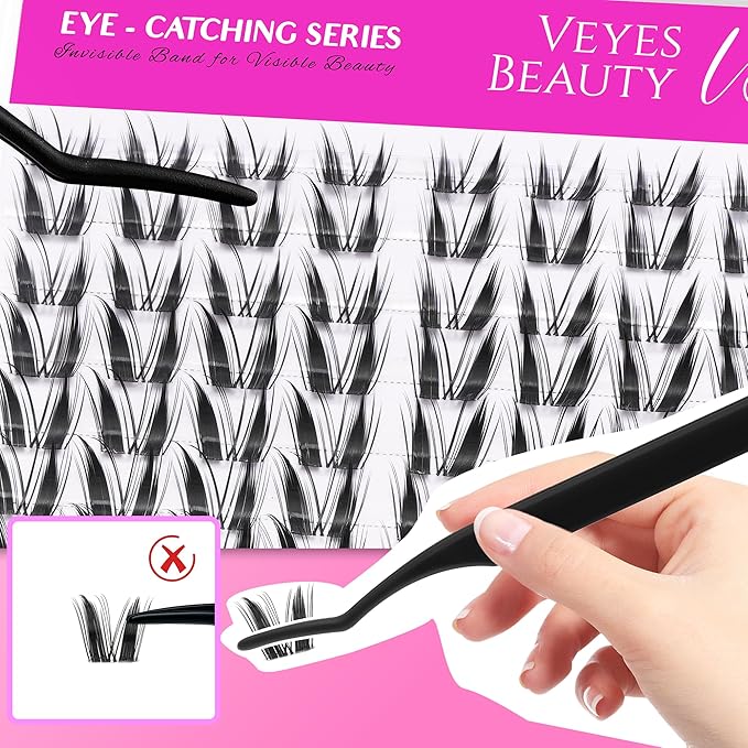 VEYESBEAUTY Lash Clusters Kit Individual Eyelash Extensions Thin & Invisible Band DIY False Eyelashes Newbie's Five-Second Series Wispy Lash Tray, Bunny KIT with Bond&Seal Remover Applicator