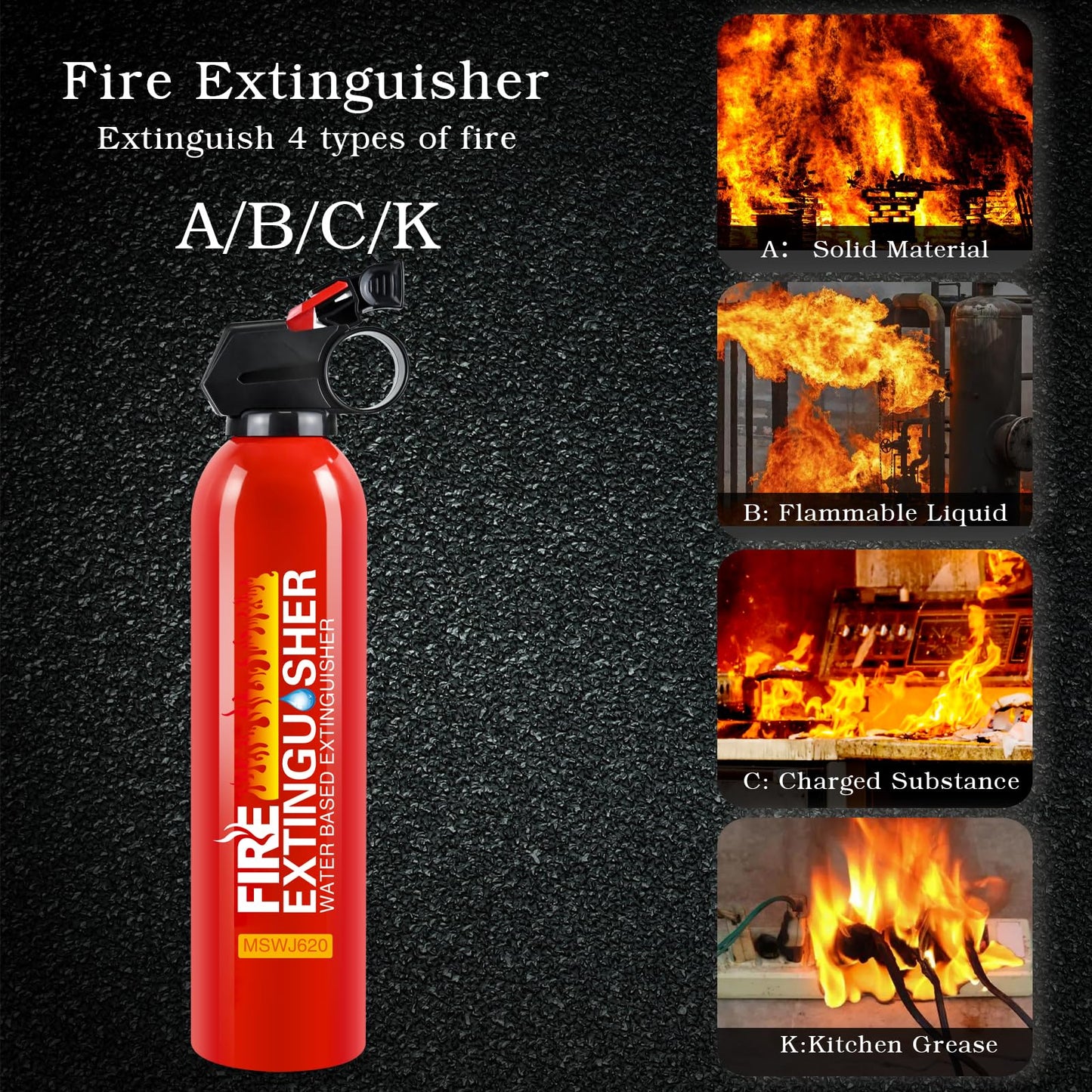 Fire Extinguisher for Home, 2 Pack Car Fire Extinguishers with Mount, 4 in 1 Portable Kitchen Fire Extinguishers for A, B, C, K Category, 620ml Mini Water-Based Fire Extinguisher for Car Truck Boat