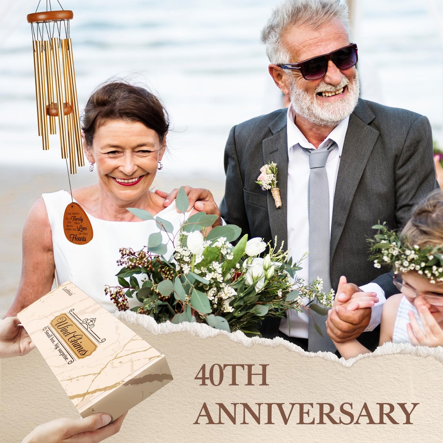 Leebbsin 40th Wedding Anniversary Wind Chime, Happy 40th Anniversary Romantic Gifts for Couple, Parents, Wife, Husband, Friends, Ruby Wedding Anniversary's Keepsake Gifts Ideas