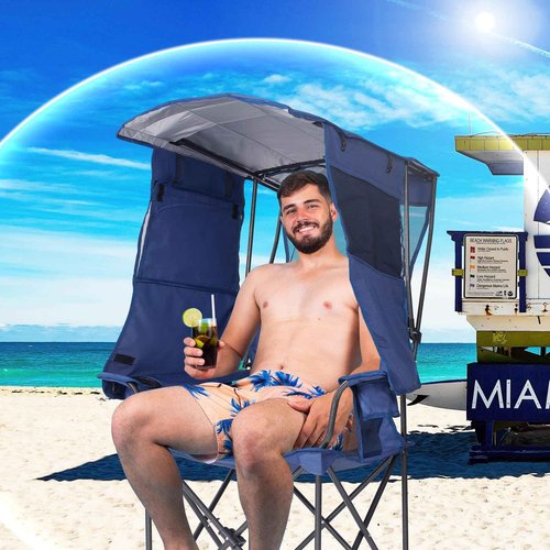 Huskfirm Camping Chair with Canopy Shade - Folding Beach Chair with UPF 50+ Sun Shade, Cup Holder, Side Pocket, Portable Sports Chair for Adults Support 330 LBS, Fishing Camp Outdoor Lawn Chair - Blue