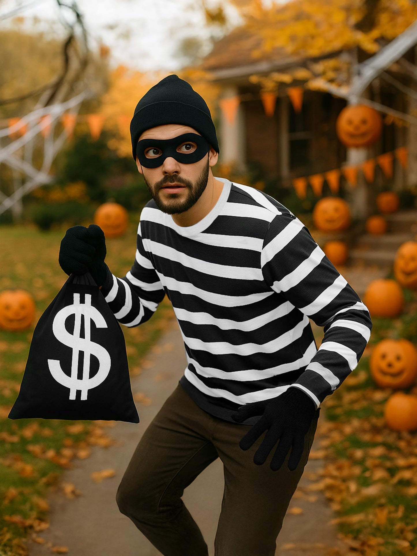 QZYL Robber Costume Set, XL Unisex Thief Cosplay T Shirt Beanie Cap Gloves Eye Masks Money Bags for Halloween