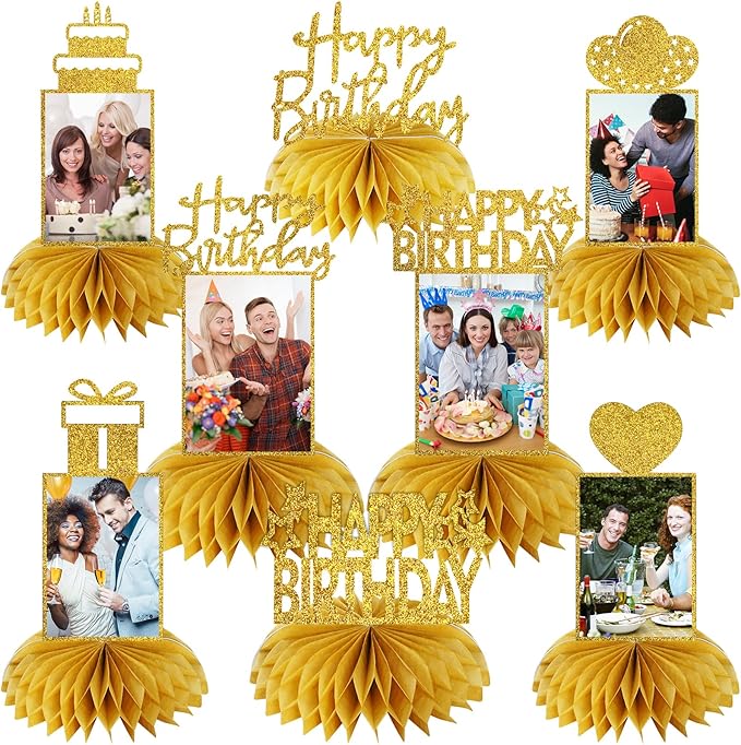 Eucutur 8Pcs Honeycomb Birthday Decorations - Gold Glitter Centerpieces for Women & Men, Happy Birthday Photo Table Topper...