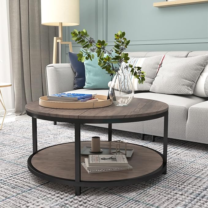 NSdirect Round Coffee Table, 36” Coffee Table for Living Room, 2-Tier Wood Desktop & Sturdy Metal Legs Table Home Furniture with Storage Shelf (Walnut)