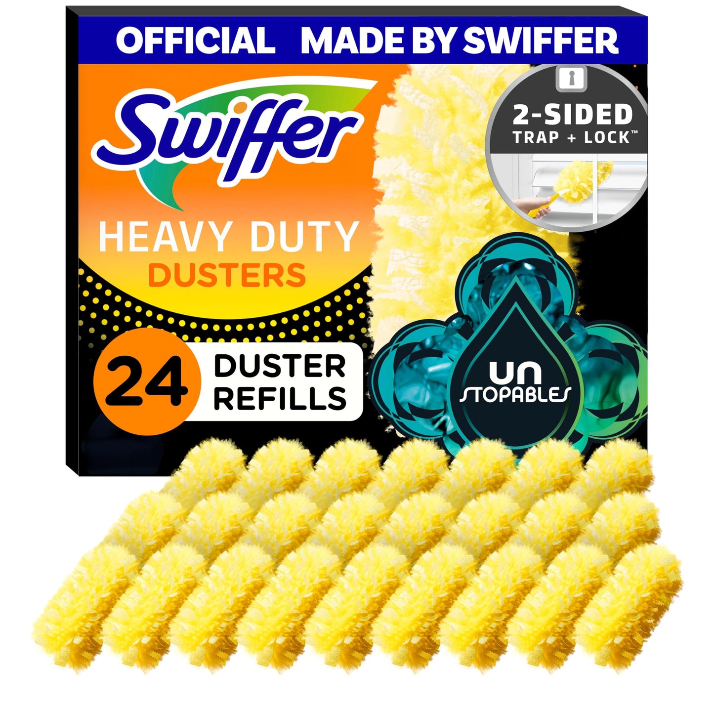 Swiffer Dusters Heavy Duty, Feather Head Multi-Surface Duster Refills for Cleaning, Unstopables, Yellow, 24 Count (4 Packs of 6)
