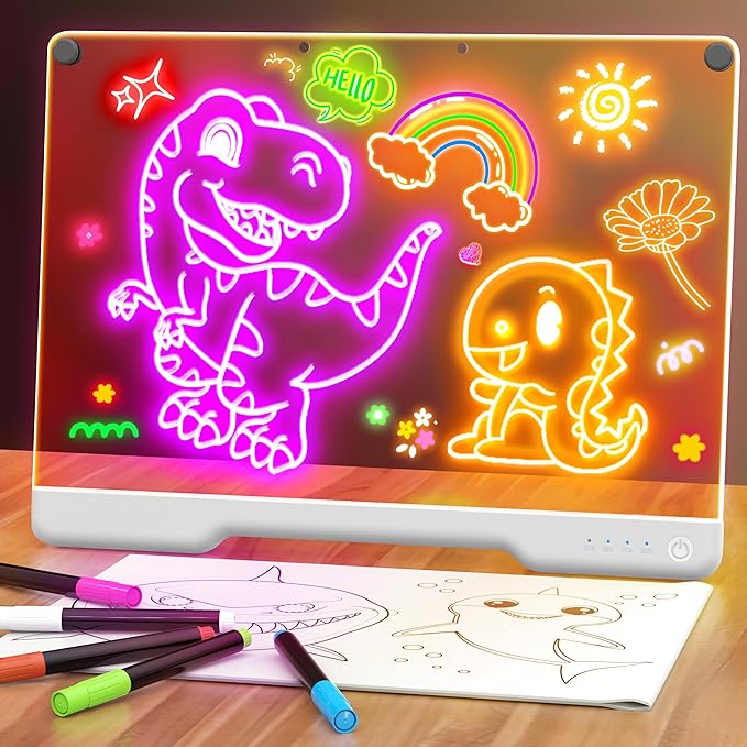 16-Inch Rechargeable Doodle Glow LED Note Board, 7-Color Light Modes, Neon Art Dry Erase Light Up Drawing Pad with Built-i...