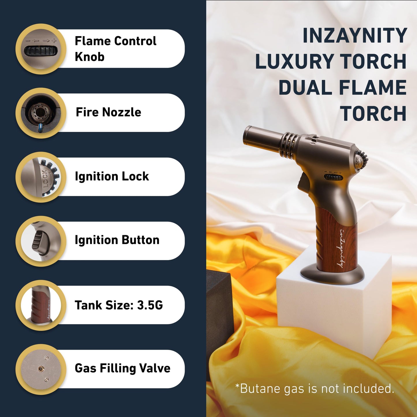 Dual Flame Butane Torch - Refillable Handheld Blow Torch for Cooking, Soldering, & Resin Art w/Adjustable Flame & Ignition Lock - Kitchen Blow Torch & Luxurious Gift Box by inZaynity - Brown Steel
