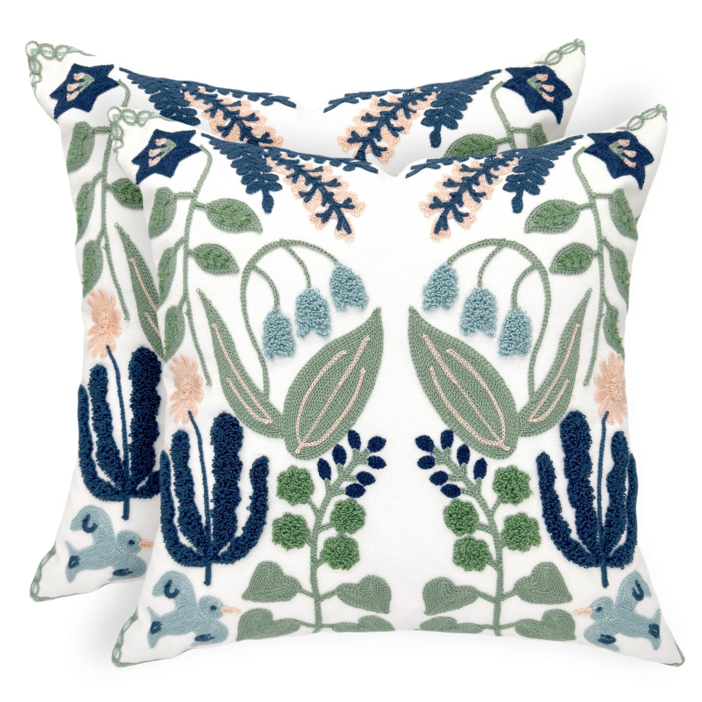 Alysheer Summer Floral Embroidered Decorative Throw Pillow Covers 18"x 18" Set of 2, Farmhouse Navy Blue Flowers Green Leaves Tufted Patterned Cotton Cushion Cases for Couch Bed Living Room Decor