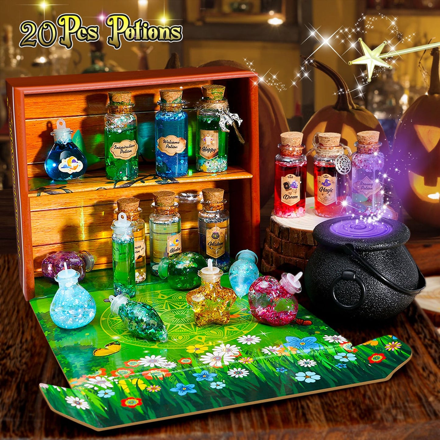 B Bascolor Potion Kits for Kids Girls Toys, 20 Magic Themed Witch Mix Potion Bottles/Cauldron/Magic Carry Case, Kids Potion Making Kit, Halloween Christmas Birthday gifts for girls kid age 6 7 8-10-12