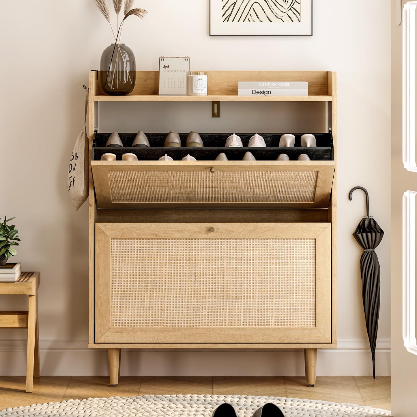 EYYTHUNG Rattan Shoe Cabinet with 2 Flip Drawers, Mid Century Modern Shoe Organizer, Boho Wooden Hidden Slim Narrow Shoe Rack Cabinet for Entryway, Hallway, Natural Oak