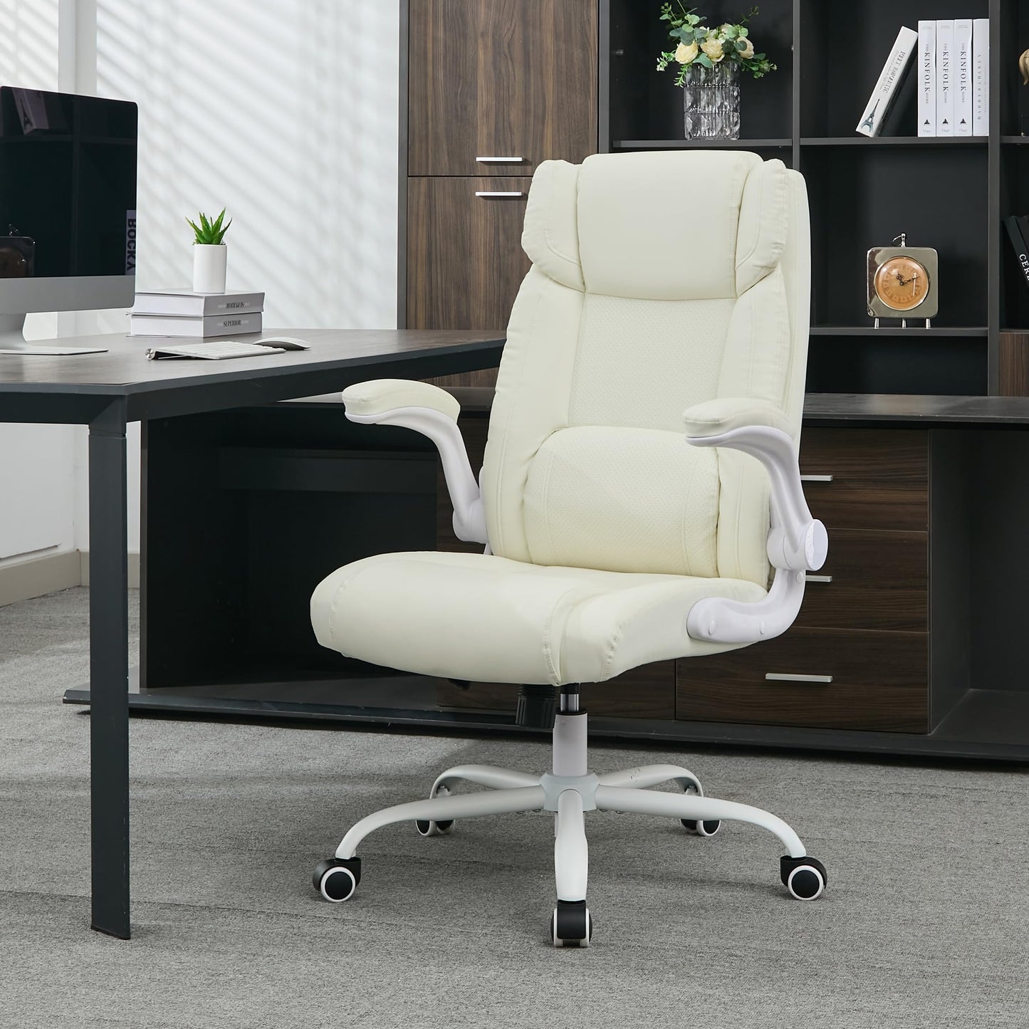 BOWTHY Mid Back Executive Leather Chair,Ergonomic Home Office Chairs,Comfy Computer Desk Chair with Adjustable Flip-Up Arms and Rocking Function (Beige)