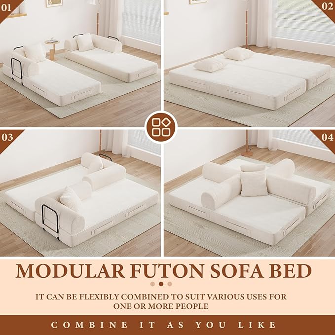 77" Convertible Sofa Bed, Modular Folding Futon Corduroy Floor Foam Compressed Loveseat Sleeper Sofa Couch, Pull Out Queen Size Couch Bed with 2 Pillows for Living Room Guest Room Studio, Beige